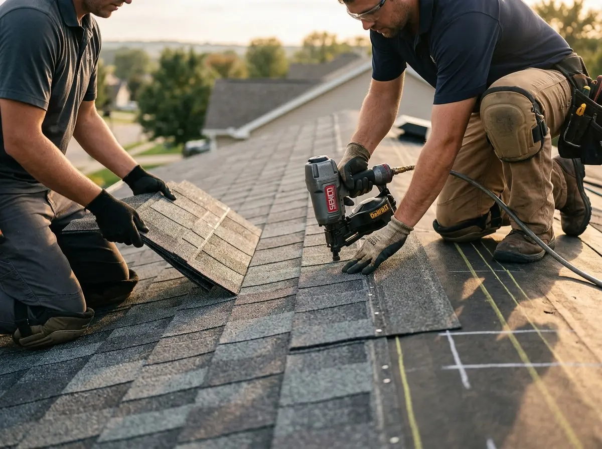 Professional roofer working on a residential roof in Colonie